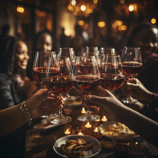Young cheerful people toast each other with glasses raised