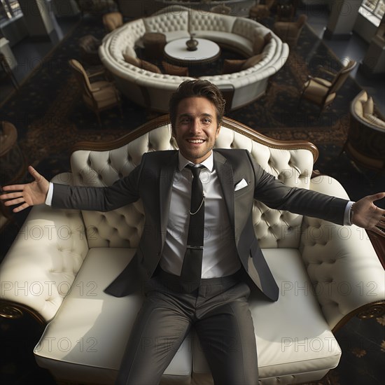 A businessman lies contentedly with his arms outstretched on a bed