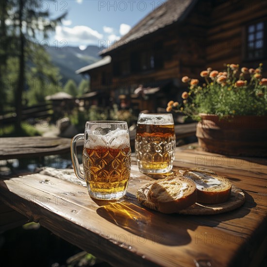 Beer and snacks in an alpine hut in the mountains