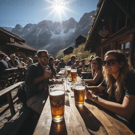 Beer and snacks in an alpine hut in the mountains