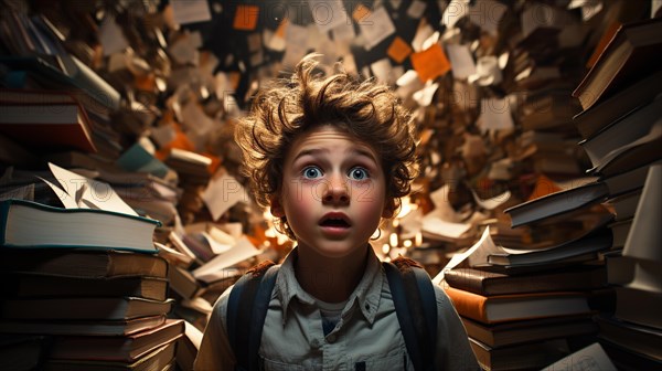 Young boy student sitting stunned and overwhelmed amidst a never ending pile of books and papers surrounding him