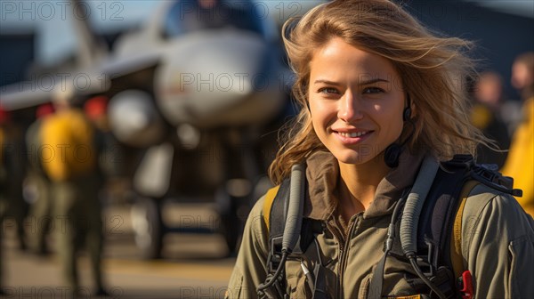 Female fighter pilot soldier standing outside her fighter jet
