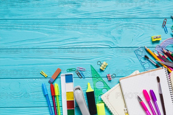 School materials colorful table