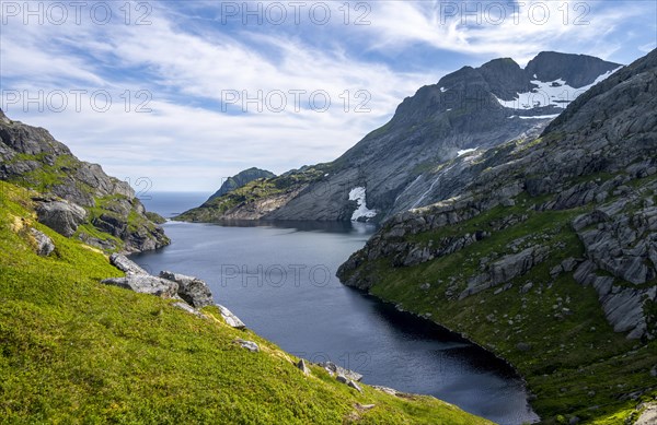 Mountain landscape with sea and lake Fjerddalsvatnet