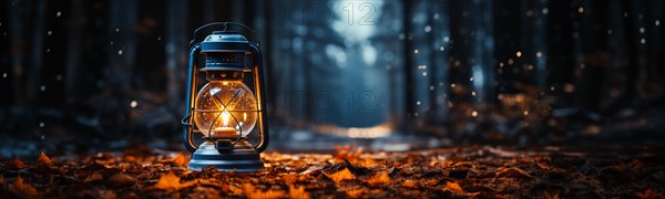 Warm and inviting lit vintage lantern resting on wood planks base outdoors in a winter setting. generative AI