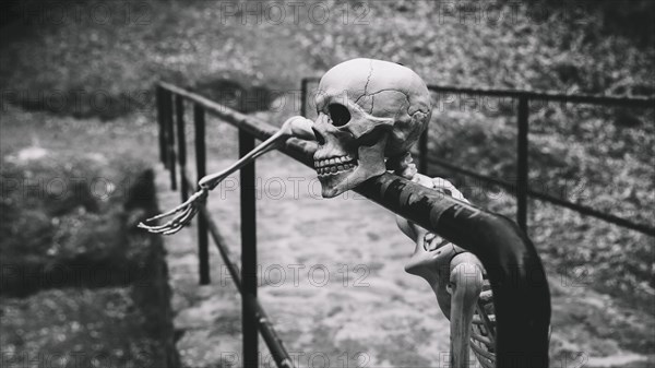 Artificial skeleton looking away resting parapet