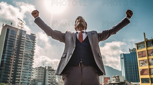 Excited businessman celebrates with his fists in the air with the city in the background