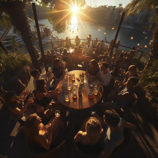 Young cheerful people toast each other with glasses raised