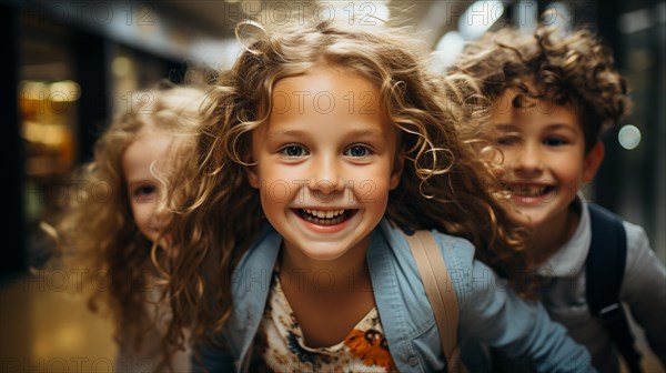 Excited young children laughing and running down the hallway of thier school