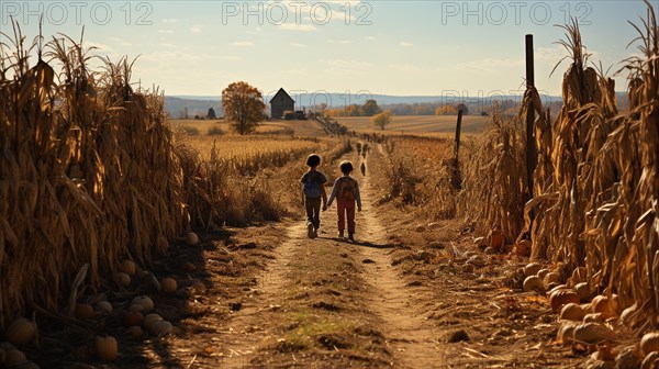 Children walking down the country dirt road amidst the corn fields on a fall day