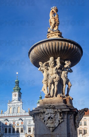 Town Hall and Samson Fountain at Premysl Otakar II Square in the historic old town of Ceske Budejovice