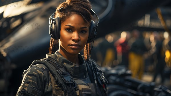 Female african american fighter pilot soldier stands outside her fighter jet