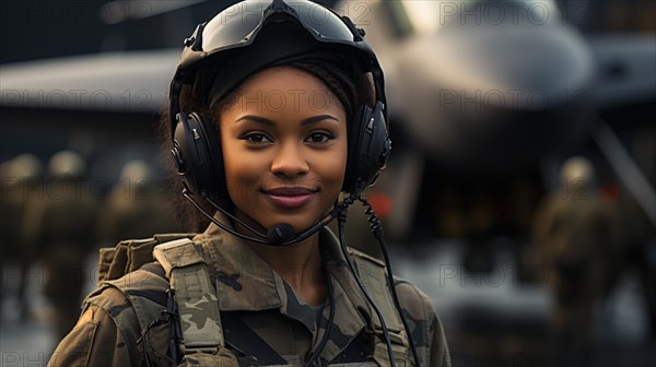 Female african american fighter pilot soldier stands outside her fighter jet