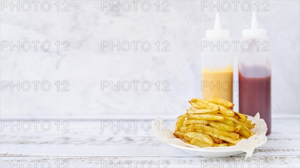 Front view french fries with copy space