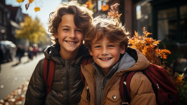 Happy and excited young children student friends walking on the campus of their school