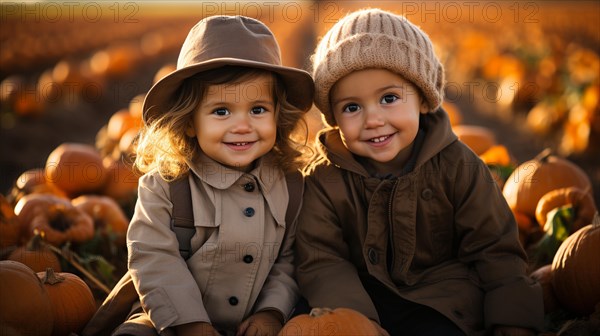 Two happy young children sitting amidst the pumpkins at the pumpkin patch farm on a fall day