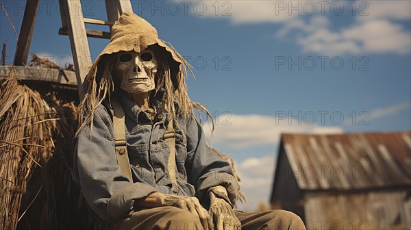 Frightening halloween skeleton headed figure and body outdoors in the country