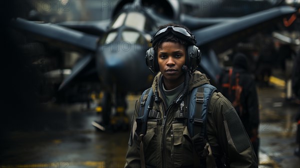 Female african american fighter pilot soldier stands outside her fighter jet