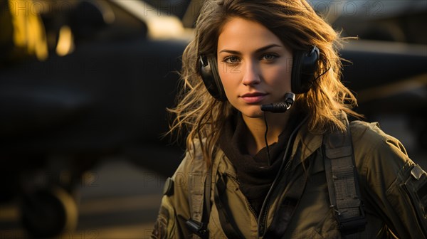 Mixed-race female fighter pilot soldier standing outside her military fighter jet