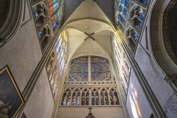 Rose window and church ceiling in the interior of Saint-Gatien Cathedral in Tours