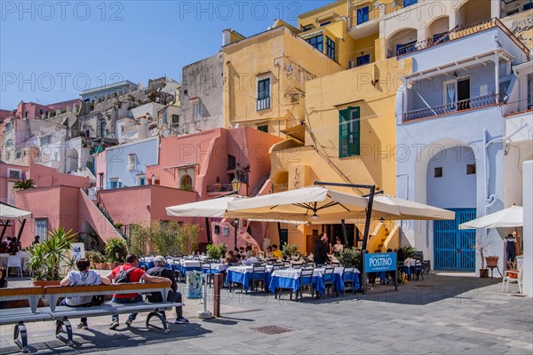 Fish restaurants on the waterfront of the fishing village of Corricella