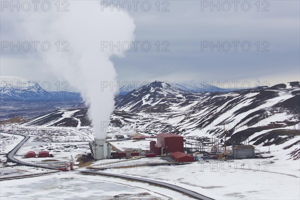 Krafla geothermal power plant near the Krafla Volcano and lake Myvatn in winter