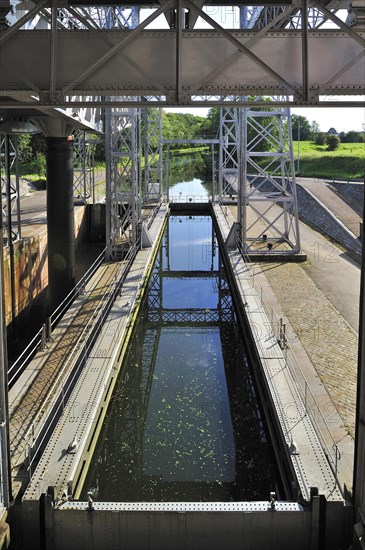 Hydraulic boat lift on the old Canal du Centre at Houdeng-Goegnies near La Louviere in the Sillon industriel of Wallonia