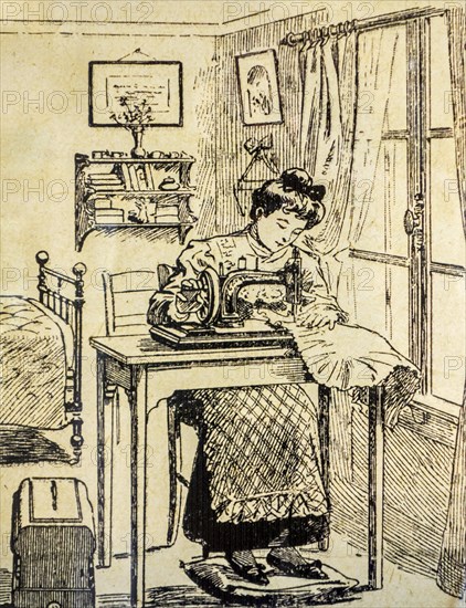 Drawing showing woman at home sewing with domestic hand powered sewing machine with hand crank from the nineteenth