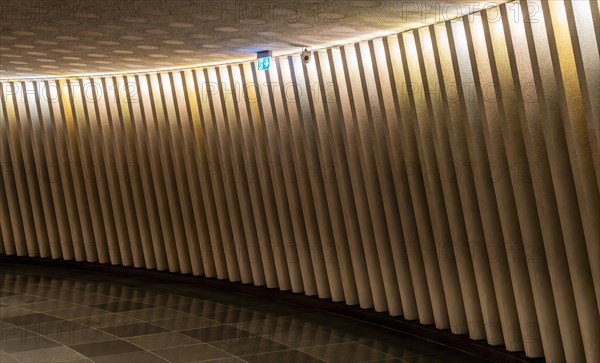 Corridor with concrete wall and a sign indicating the emergency exit