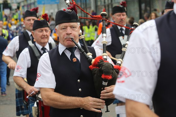 Bagpipers participating in the Fleadh Cheoil parade on the last day of Ireland's largest traditional music festival. Sligo