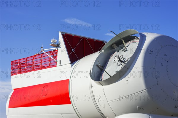 Wind turbine nacelle with rotor hubs for offshore SeaMade wind farm at REBO heavy load terminal in Ostend port