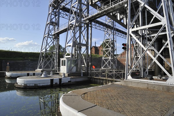 Hydraulic boat lift on the old Canal du Centre at Houdeng-Goegnies near La Louviere in the Sillon industriel of Wallonia