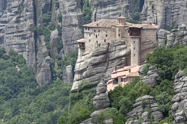 The monastery of Roussanou. The Greek Orthodox Meteora monasteries are built on sandstone cliffs above the Pinios valley. They are a UNESCO World Heritage Site. Kalambaka