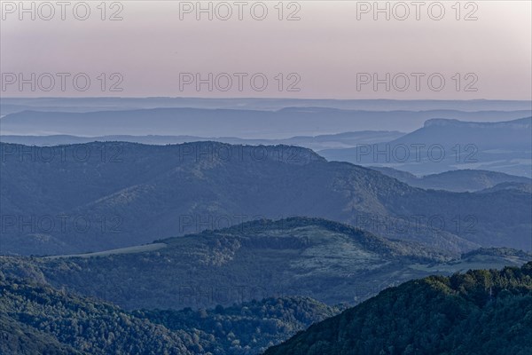 Daybreak over the mountain landscape of the Balkan Mountains and the forested slopes of the Balgarka nature park Park in Central Bulgaria. Shipka