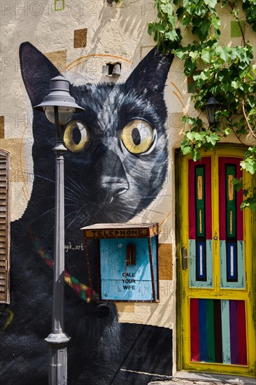 Hostel with graffiti of a black cat on the facade