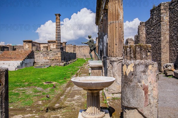 Apollo Sanctuary with Apollo Statue and Vesuvius in Clouds