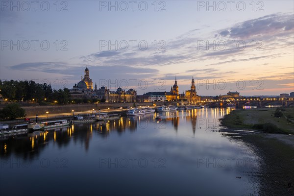 Silhouette of Dresden's Old Town in the evening on the Elbe