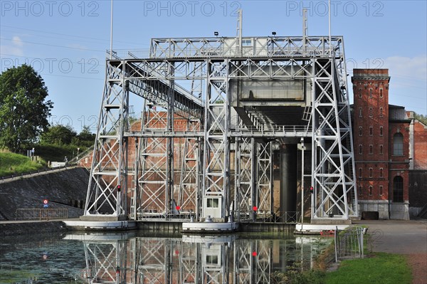 Hydraulic boat lift on the old Canal du Centre at Houdeng-Goegnies near La Louviere in the Sillon industriel of Wallonia