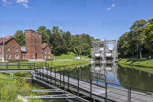 Machine room building and hydraulic boat lift no. 3 on the old Canal du Centre at Strepy-Bracquegnies near La Louviere