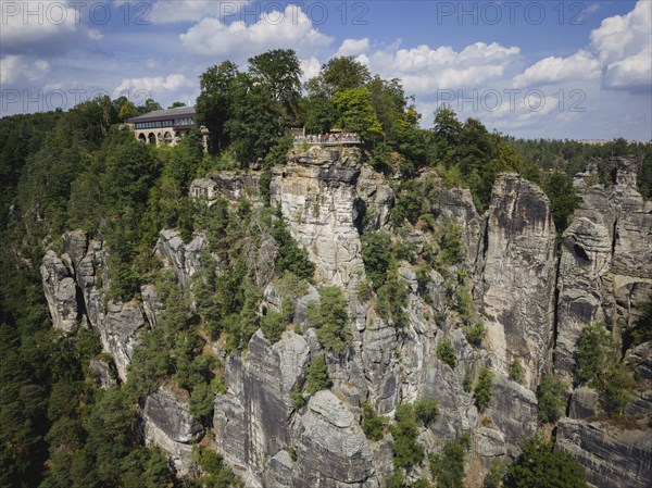 Aerial view of Rathen on the Elbe with the rocks of the Basteige area and the new viewing platform on the Bastei.