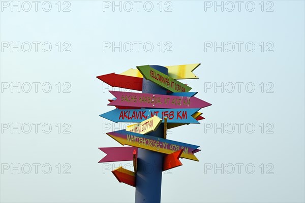 Colourful wooden signs with distance information