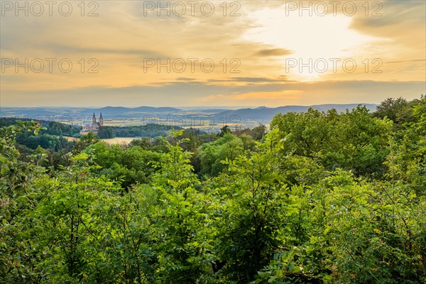 Landscape of Franconian Switzerland at sunset with the pilgrimage church Basilica Vierzehnheiligen