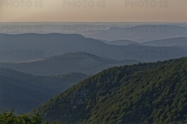 Mountain landscape of the Balkan Mountains and the forested slopes of the Balgarka nature park Park in Central Bulgaria. Shipka