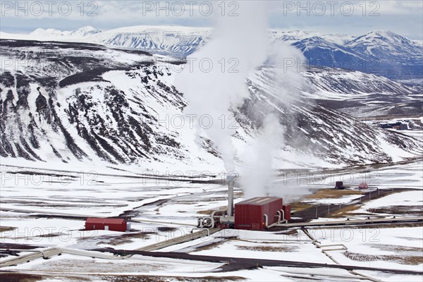 Krafla geothermal power plant near the Krafla Volcano and lake Myvatn in winter