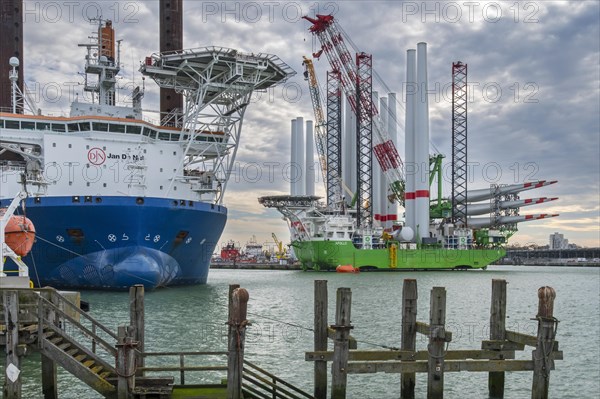 Installation vessels Apollo and Vole Au Vent moored at REBO heavy load terminal in Ostend port