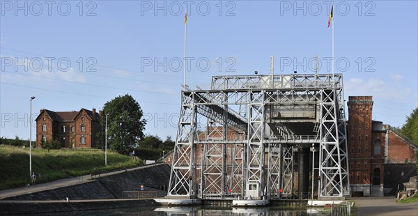 Hydraulic boat lift on the old Canal du Centre at Houdeng-Goegnies near La Louviere in the Sillon industriel of Wallonia
