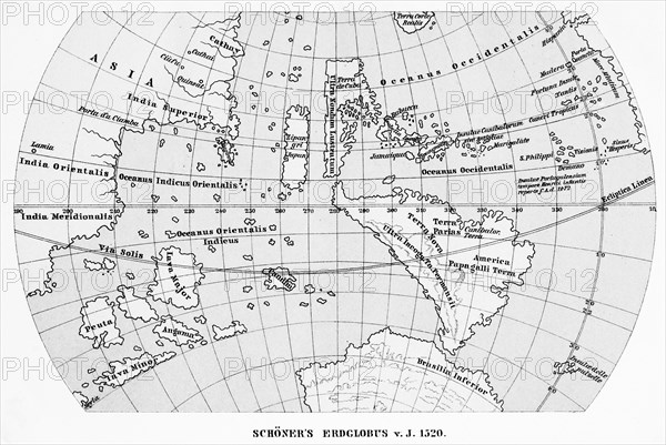 Schoener's globe of the earth from 1520 historical map