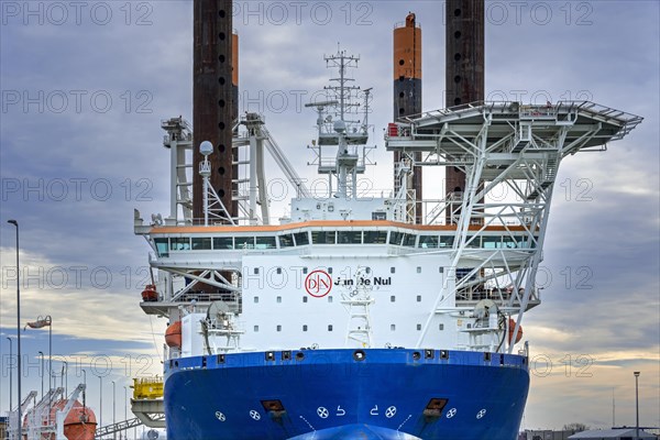 Offshore jack-up installation vessel Vole Au Vent moored at REBO heavy load terminal in Ostend port