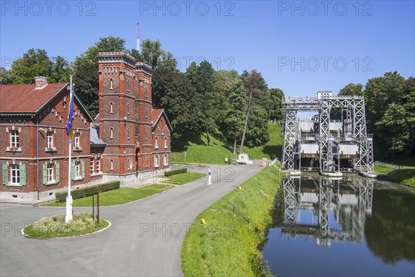 Machine room building and hydraulic boat lift no. 3 on the old Canal du Centre at Strepy-Bracquegnies near La Louviere