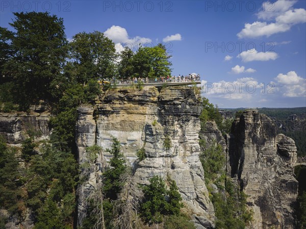 Aerial view of Rathen on the Elbe with the rocks of the Basteige area and the new viewing platform on the Bastei.